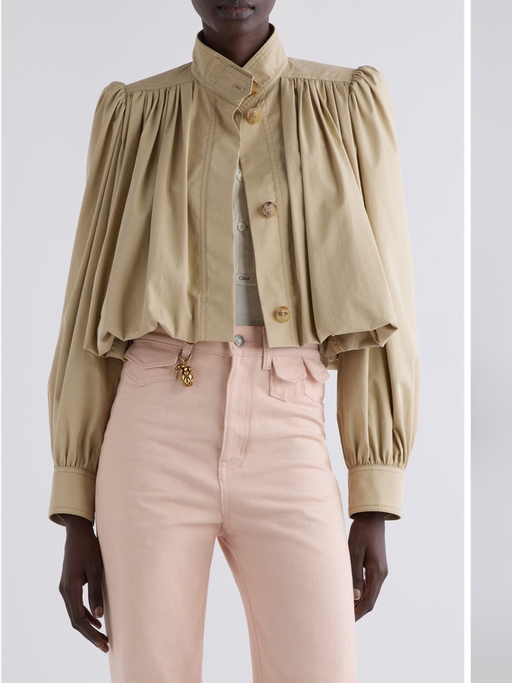Beige Pleated Puff-Sleeve Cropped Jacket - Women